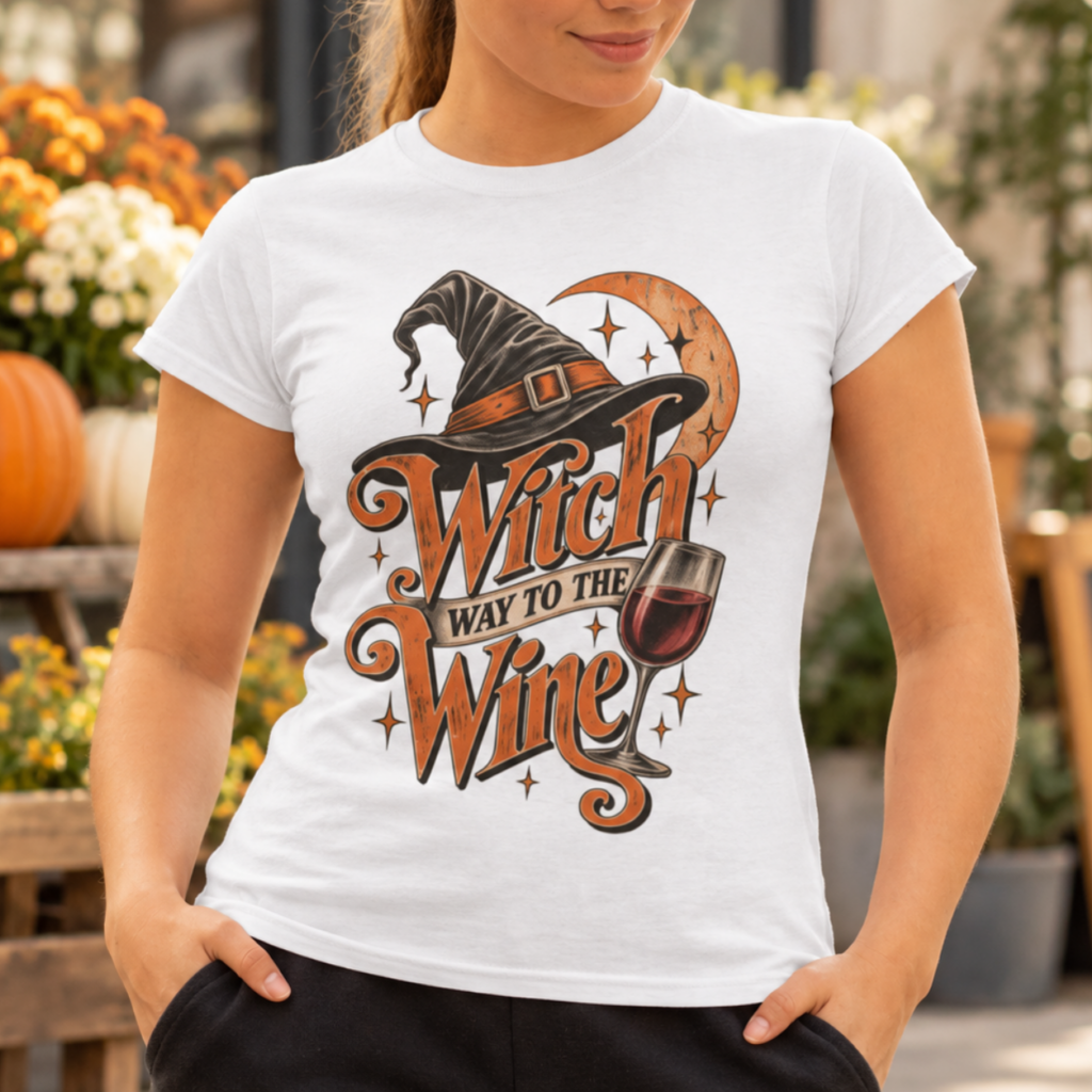Halloween T-shirt Dames Witch Way To The Wine
